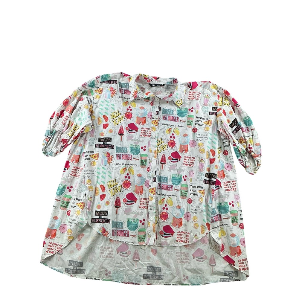 Zara Womens Food Pop Art Graphic Print Cotton High Low Button Down Shirt M